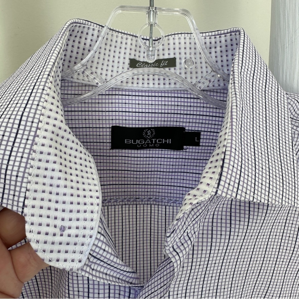 Bugatchi Men’s Purple and White Pinstripe Dress Shirt SZ Large - Picture 7 of 13